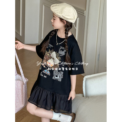女童連衣裙夏季2025新款洋氣兒童時髦T恤裙女大童長款短袖裙子潮
