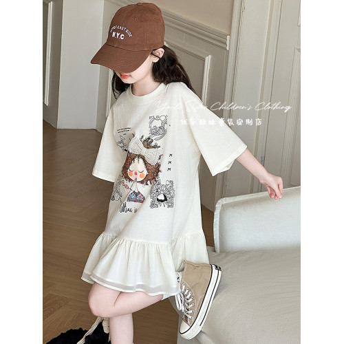 女童連衣裙夏季2025新款洋氣兒童時髦T恤裙女大童長款短袖裙子潮