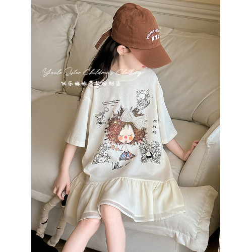 女童連衣裙夏季2025新款洋氣兒童時髦T恤裙女大童長款短袖裙子潮