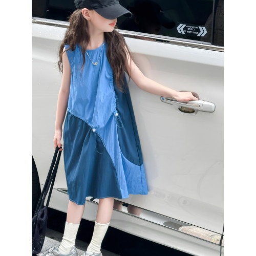 女童無袖拼接抽繩兒童連衣裙夏季中大童拼色背心洋氣女孩裙子薄款