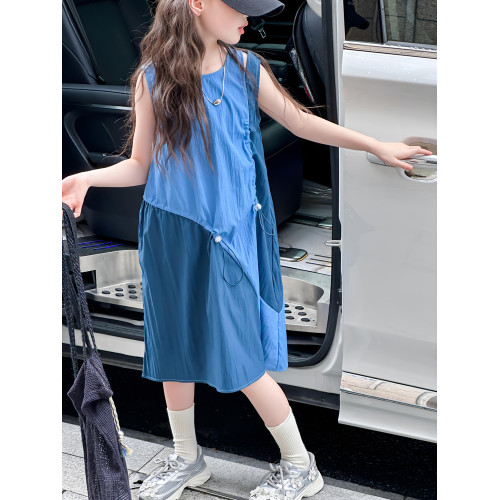 女童無袖拼接抽繩兒童連衣裙夏季中大童拼色背心洋氣女孩裙子薄款