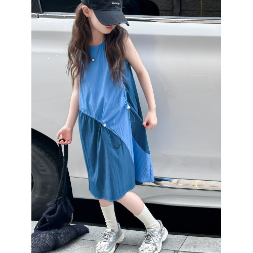 女童無袖拼接抽繩兒童連衣裙夏季中大童拼色背心洋氣女孩裙子薄款