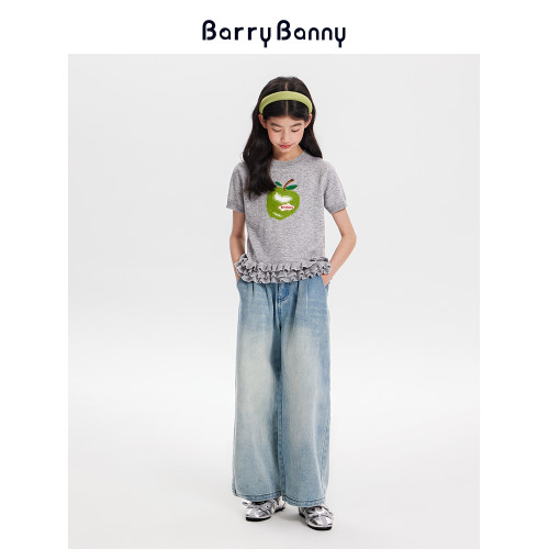 BarryBanny女童T恤2025夏季新款兒童女孩圓領上衣休閒蘋果短袖
