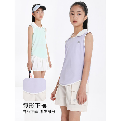 萌格格女童無袖T恤網球運動服上衣2025夏新兒童網眼透氣速乾徒步