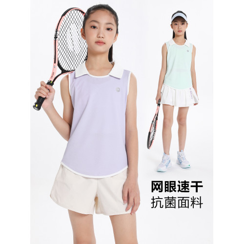 萌格格女童無袖T恤網球運動服上衣2025夏新兒童網眼透氣速乾徒步
