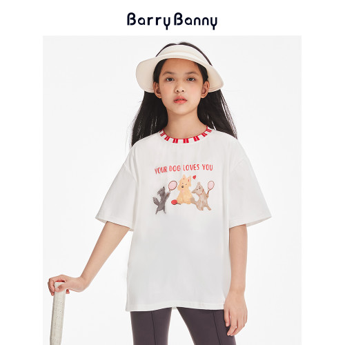 BarryBanny女童短袖2025夏季新款印花可愛小狗上衣中大童圓領T恤