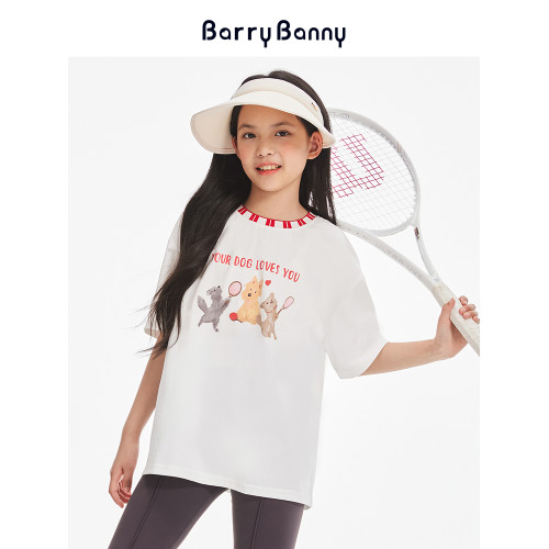 BarryBanny女童短袖2025夏季新款印花可愛小狗上衣中大童圓領T恤