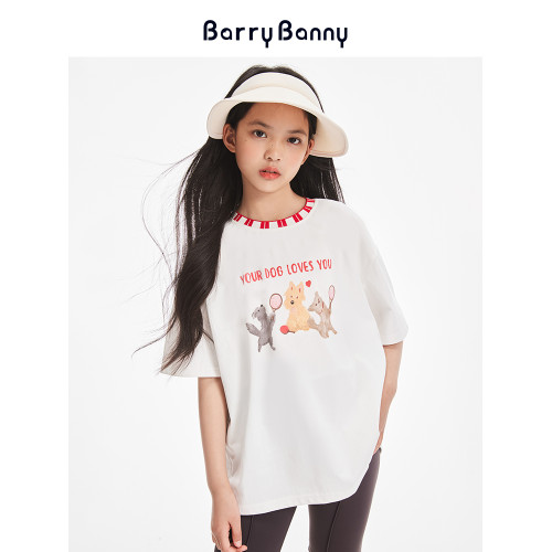 BarryBanny女童短袖2025夏季新款印花可愛小狗上衣中大童圓領T恤