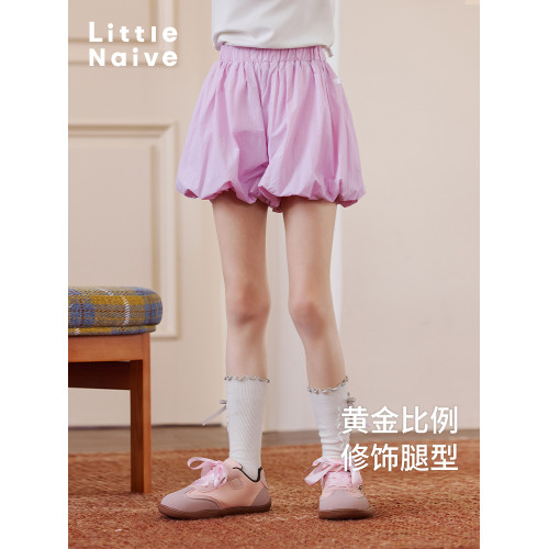 Little Naive女童甜美休閒褲夏季新款透氣花苞褲兒童皺感防曬短褲