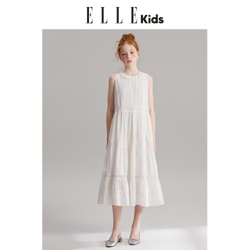 ELLEkids童裝 花邊拼接無袖連衣裙女童夏季新款法式度假綉花裙子