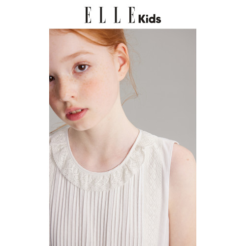 ELLEkids童裝 花邊拼接無袖連衣裙女童夏季新款法式度假綉花裙子
