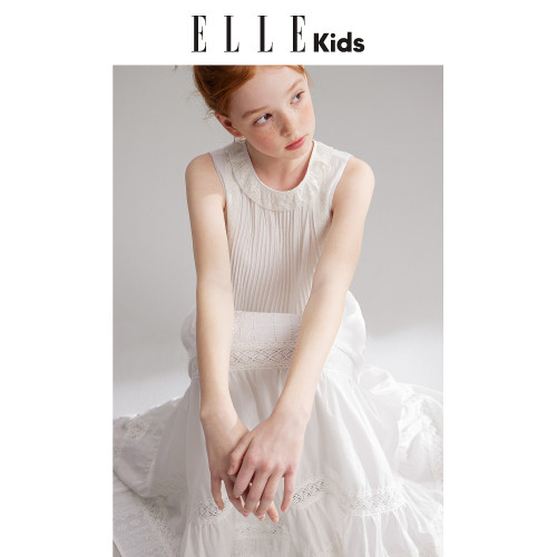 ELLEkids童裝 花邊拼接無袖連衣裙女童夏季新款法式度假綉花裙子