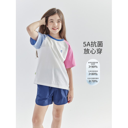 cicochild2025年夏季新款女童插肩拼色運動T恤中大童涼感抗菌短袖