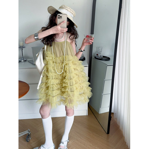 女童蛋糕裙夏季連衣裙超好看黃色兒童網紗蓬蓬公主裙法式吊帶裙子