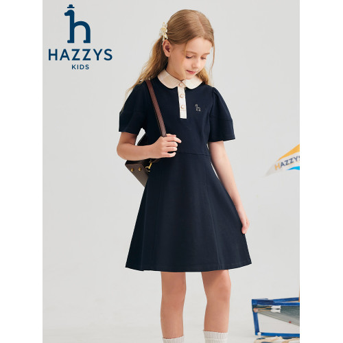 hazzys哈吉斯童裝女童連衣裙2025夏新絲光長絨棉泡泡袖甜美POLO裙