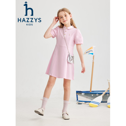 hazzys哈吉斯童裝女童連衣裙2025夏新絲光長絨棉泡泡袖甜美POLO裙