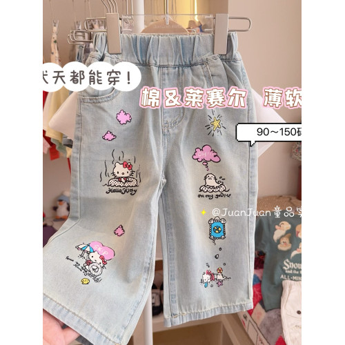 夏季薄軟日系Kitty貓牛仔褲 女童春夏款可愛寬松濶腿褲女孩長褲