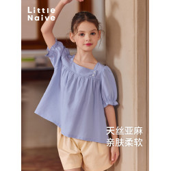 Little Naive女童方領T恤上衣夏泡泡袖廓形上衣兒童法式天絲襯衫