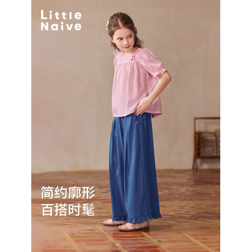 Little Naive女童方領T恤上衣夏泡泡袖廓形上衣兒童法式天絲襯衫