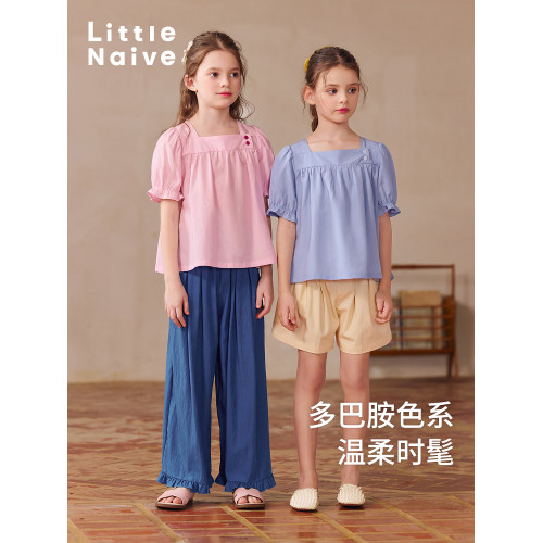 Little Naive女童方領T恤上衣夏泡泡袖廓形上衣兒童法式天絲襯衫