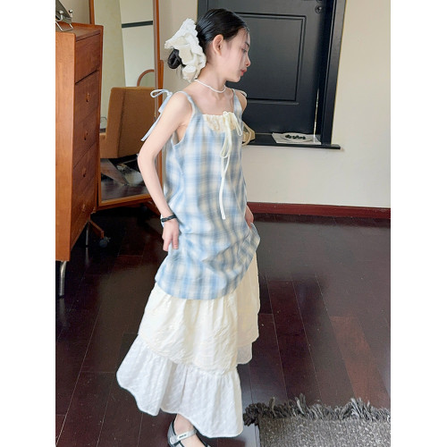 女童藍色格子吊帶裙連衣裙2025新款夏季假兩件海邊穿搭度假長裙子