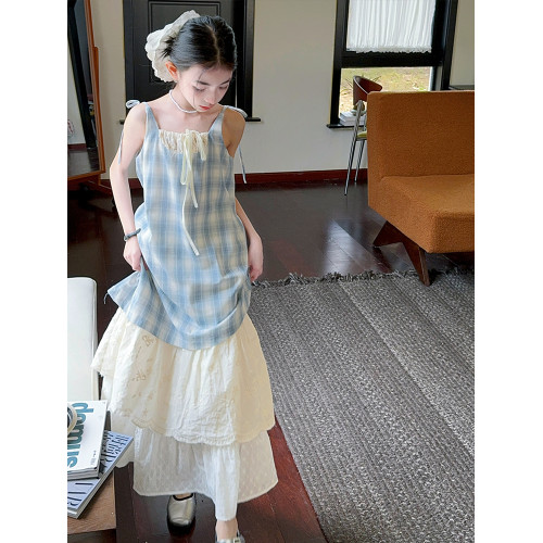 女童藍色格子吊帶裙連衣裙2025新款夏季假兩件海邊穿搭度假長裙子
