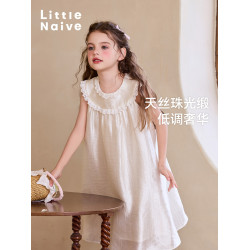 Little Naive女童連衣裙夏季新款萊賽爾裙子兒童花邊緞面背心裙