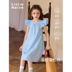 Little Naive兒童連衣裙夏季新款刺綉飛袖純棉裙子女童甜美公主裙