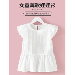 女童短袖白色襯衫夏季2025新款兒童夏裝娃娃衫上衣女孩薄襯衣純色