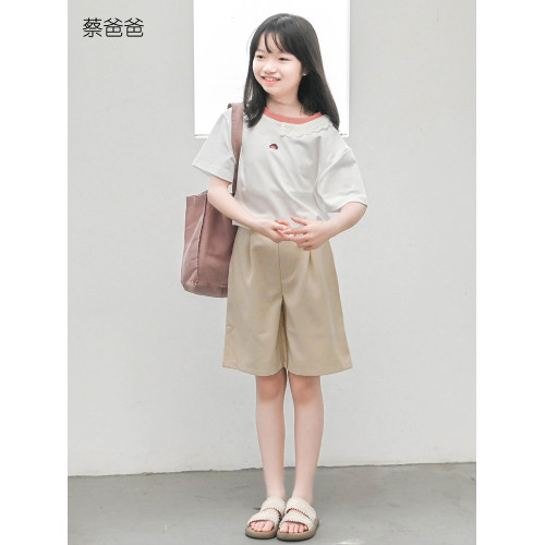 蔡爸爸童裝卡通t恤夏裝女童超好看t恤花邊領白色上衣070+163+991