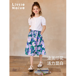 Little Naive女童半身裙夏季新款碎花撞色半裙兒童純棉法式繖裙