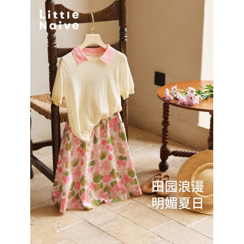 Little Naive女童半身裙夏季新款碎花撞色半裙兒童純棉法式繖裙