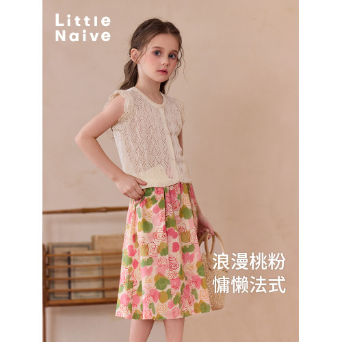Little Naive女童半身裙夏季新款碎花撞色半裙兒童純棉法式繖裙