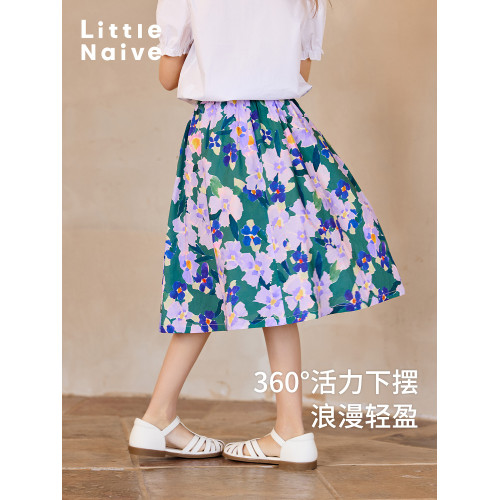 Little Naive女童半身裙夏季新款碎花撞色半裙兒童純棉法式繖裙