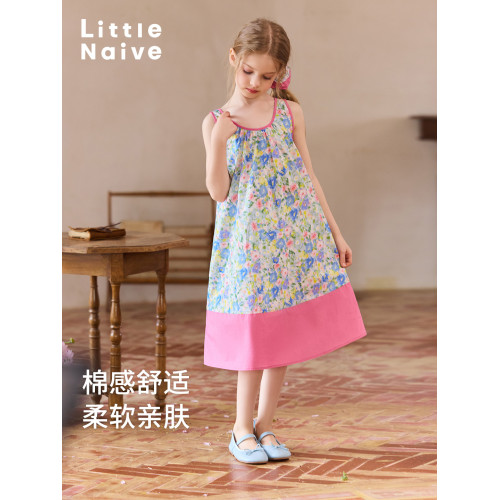 Little Naive女童碎花裙夏季新款拼色度假風背心裙兒童純棉連衣裙