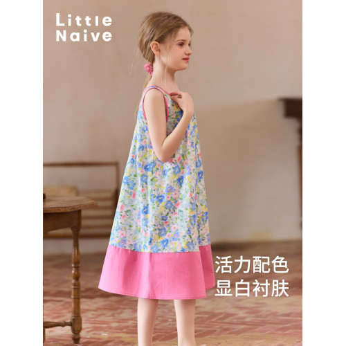Little Naive女童碎花裙夏季新款拼色度假風背心裙兒童純棉連衣裙