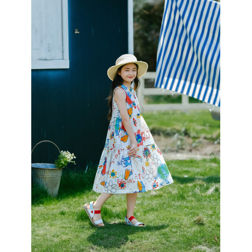 野柿童裝【精靈畫家】女童連衣裙夏季新款兒童裙子塗鴉印花長裙
