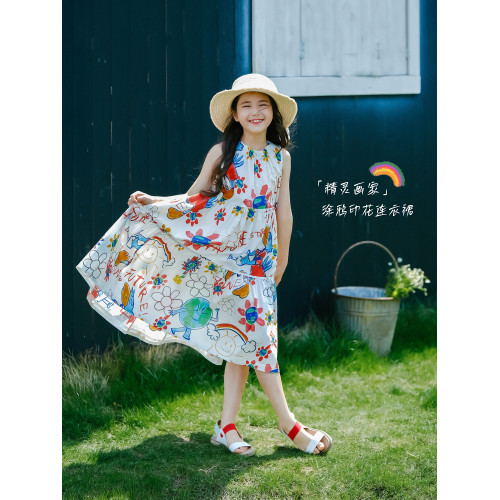 野柿童裝【精靈畫家】女童連衣裙夏季新款兒童裙子塗鴉印花長裙