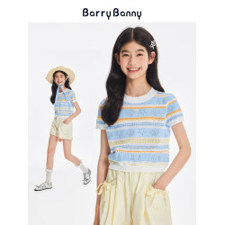 BarryBanny女童海洋短袖2025夏季新款兒童條紋針織上衣圓領T恤