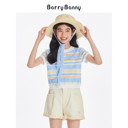 BarryBanny女童海洋短袖2025夏季新款兒童條紋針織上衣圓領T恤