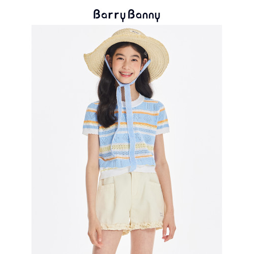BarryBanny女童海洋短袖2025夏季新款兒童條紋針織上衣圓領T恤