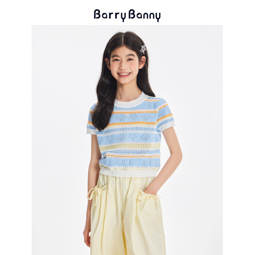 BarryBanny女童海洋短袖2025夏季新款兒童條紋針織上衣圓領T恤