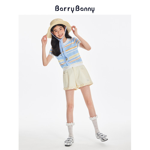 BarryBanny女童海洋短袖2025夏季新款兒童條紋針織上衣圓領T恤
