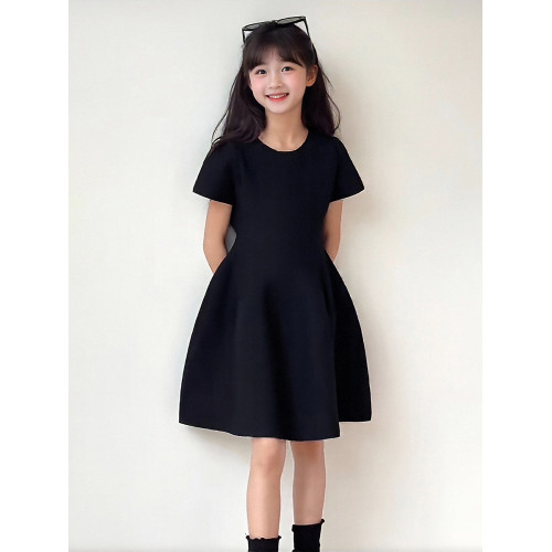 女童連衣裙2025新款兒童高級感短袖裙子初中生演出黑色毛線公主裙