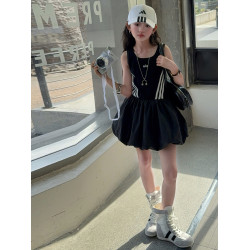 女童連衣裙兒童夏裝花苞裙子女孩2025年洋氣背心裙拉條收腰蓬蓬裙