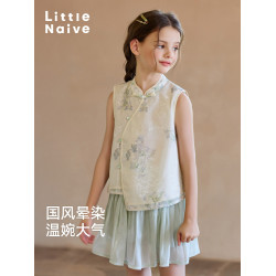 Little Naive兒童新中式T恤夏季新款旗袍領綉花上衣女童刺綉背心