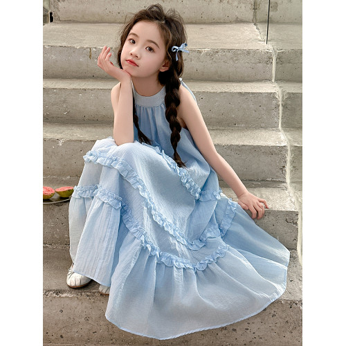 女童連衣裙夏季大兒童掛脖裙女孩夏日甜美沙灘裙夏裝中大童吊帶裙