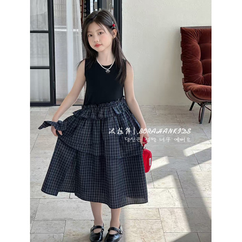 波拉韓夏裝連衣裙女童拼接背心裙2025新款兒童時髦蛋糕裙女孩裙子