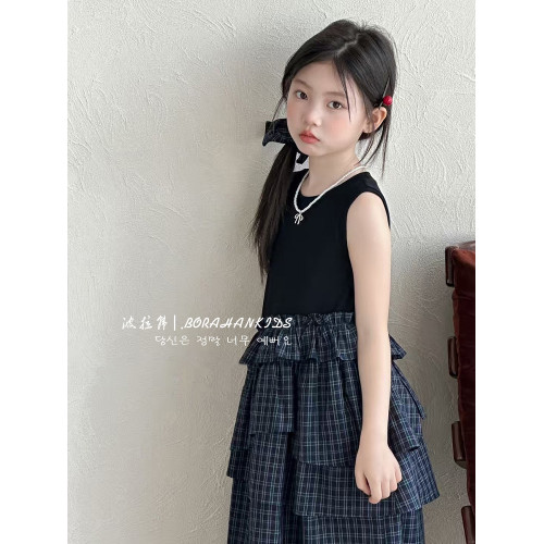 波拉韓夏裝連衣裙女童拼接背心裙2025新款兒童時髦蛋糕裙女孩裙子