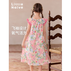 Little Naive兒童連衣裙夏季新款甜美花邊袖裙子女童純棉碎花裙